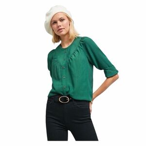 ★ Maeve (Anthropologie) Avignon Pleaded Button Round Neck Blouse - Green ★